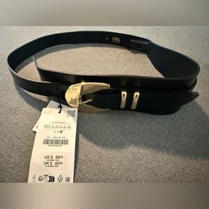 NWT- Zara Black Faux Leather Belt with Gold-Tone Buckle